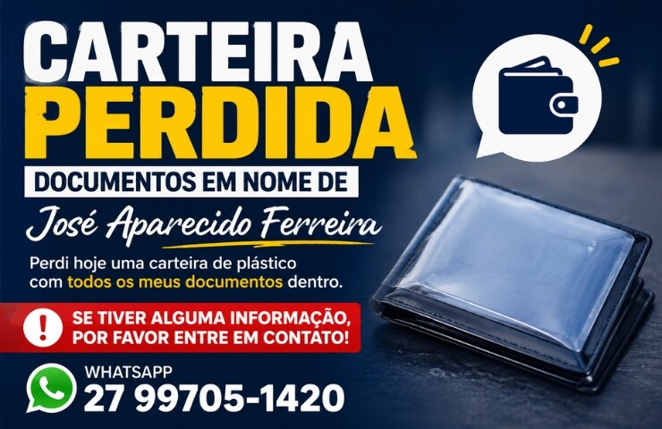Carteira com documentos em nome de José Aparecido Ferreira é perdida e família pede ajuda para localizar