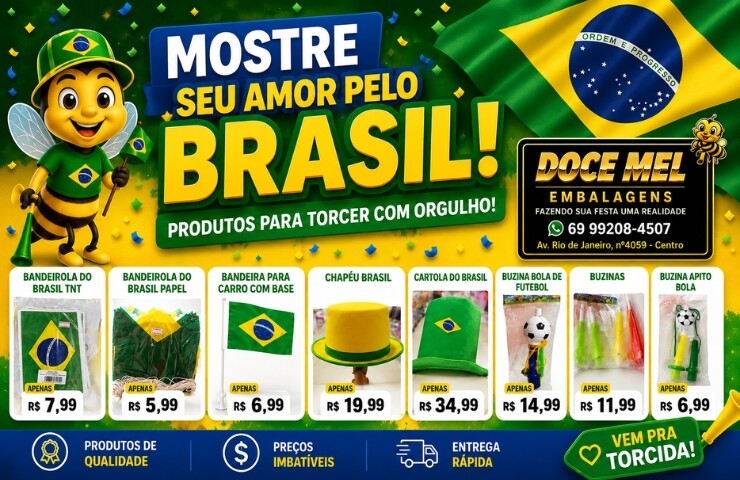 Mostre seu amor pelo Brasil com a Doce Mel Embalagens!