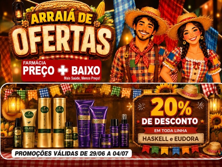 Arraiá de Ofertas da Farmácia Preço Baixo traz descontos de até 20% em Alta Floresta D'Oeste