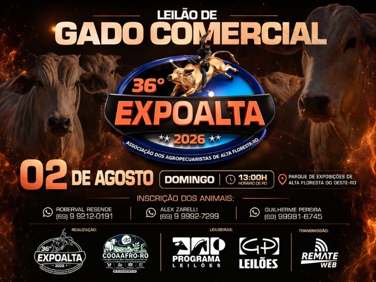 Leilão de Gado Comercial da 36ª Expoalta 2026 será realizado no dia 2 de agosto em Alta Floresta D'Oeste